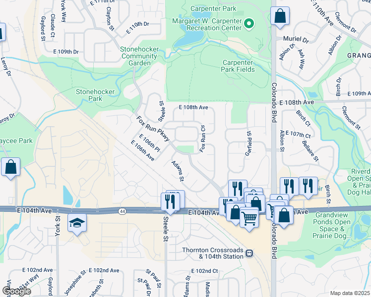 map of restaurants, bars, coffee shops, grocery stores, and more near 101 Kimblewyck Circle in Northglenn