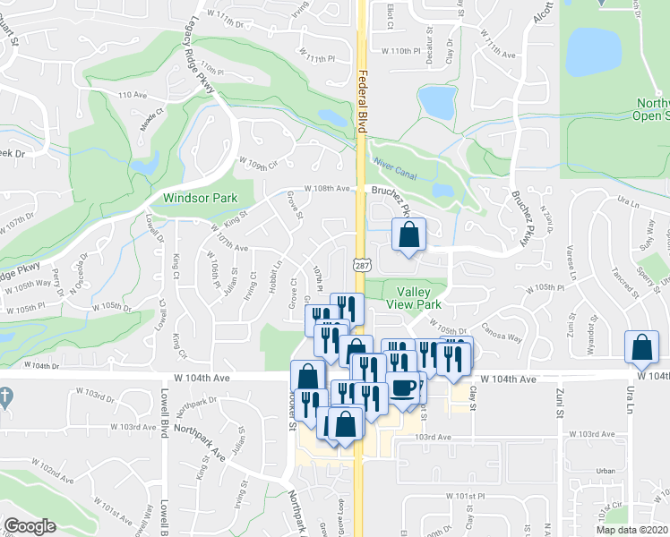 map of restaurants, bars, coffee shops, grocery stores, and more near 3032 West 107th Place in Westminster
