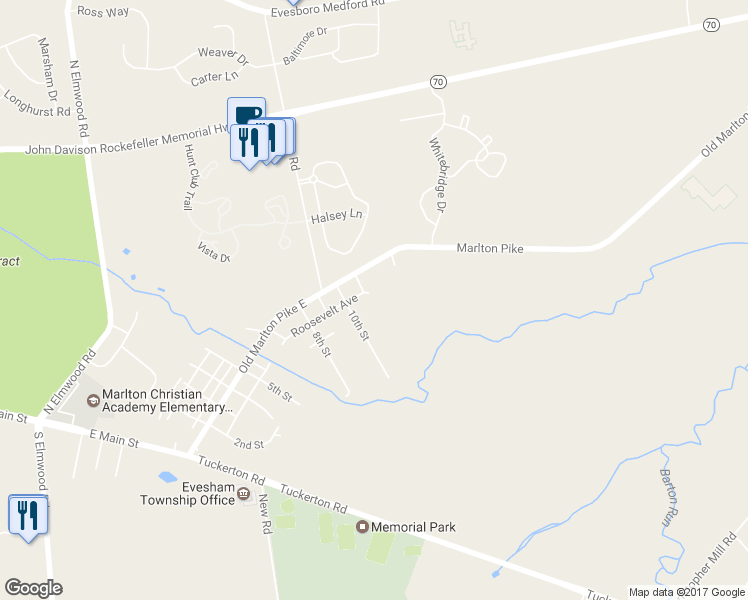 map of restaurants, bars, coffee shops, grocery stores, and more near 2100 Roosevelt Avenue in Evesham