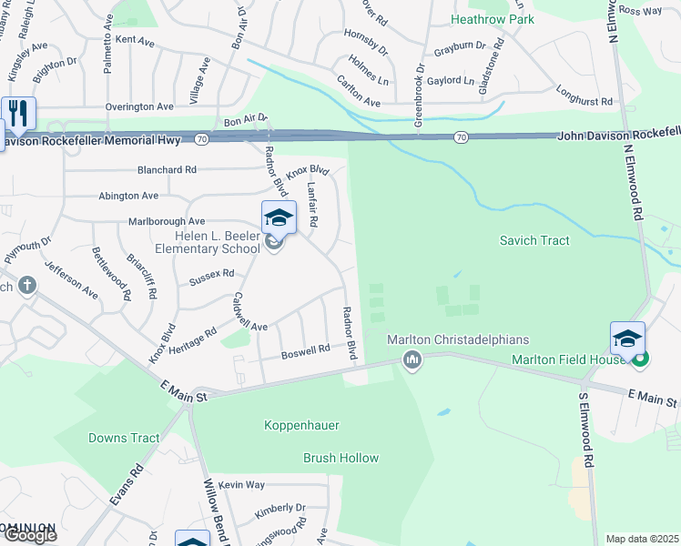 map of restaurants, bars, coffee shops, grocery stores, and more near Radnor Boulevard & Caldwell Avenue in Evesham Township