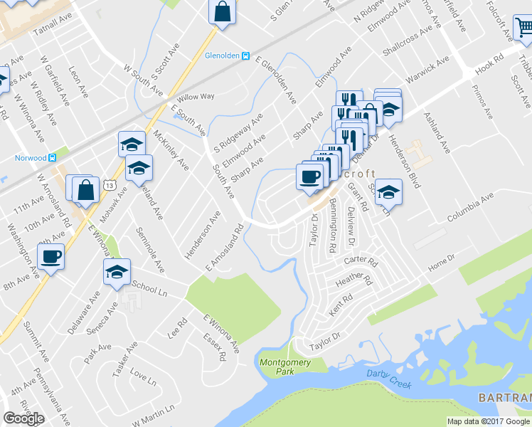 map of restaurants, bars, coffee shops, grocery stores, and more near 2158 Valleyview Drive in Folcroft