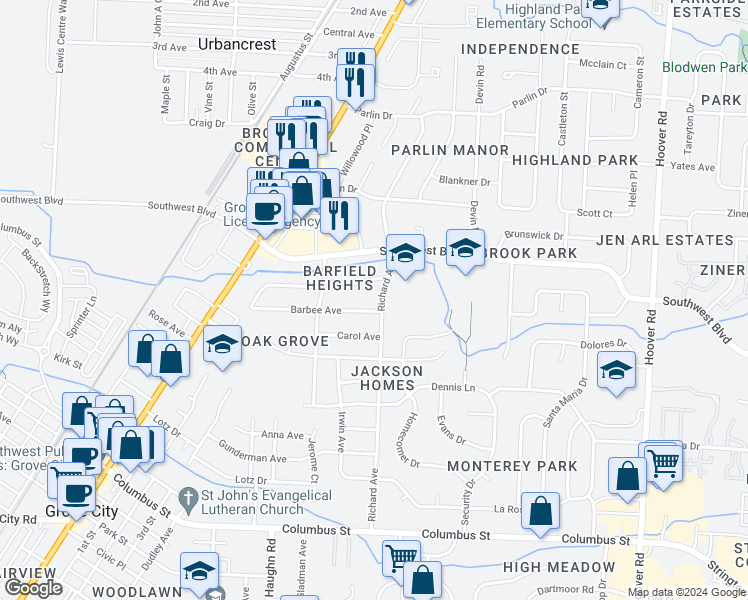 map of restaurants, bars, coffee shops, grocery stores, and more near 3657 Richard Avenue in Grove City