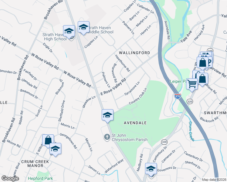 map of restaurants, bars, coffee shops, grocery stores, and more near 101 East Rose Valley Road in Nether Providence Township