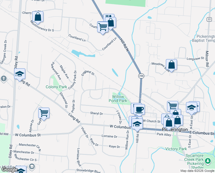 map of restaurants, bars, coffee shops, grocery stores, and more near 212 Knowlton Court in Pickerington