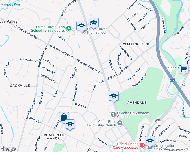 map of restaurants, bars, coffee shops, grocery stores, and more near 412 West Rose Valley Road in Nether Providence Township