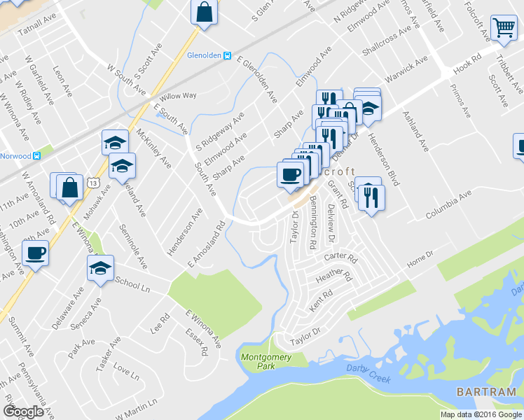 map of restaurants, bars, coffee shops, grocery stores, and more near 2129 Ravenwood Drive in Folcroft