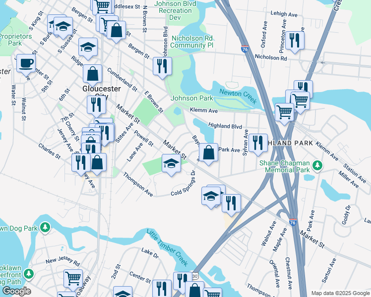 map of restaurants, bars, coffee shops, grocery stores, and more near 132 Hickman Avenue in Gloucester City