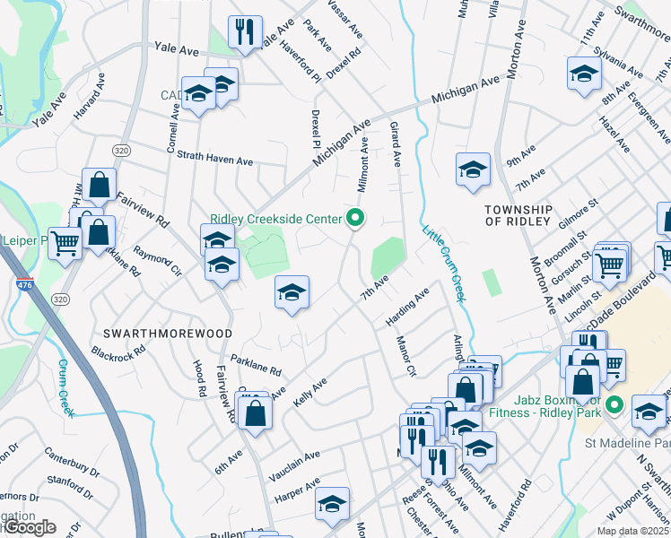 map of restaurants, bars, coffee shops, grocery stores, and more near 727 Milmont Avenue in Swarthmore