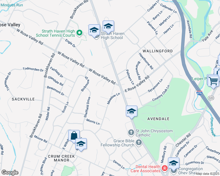 map of restaurants, bars, coffee shops, grocery stores, and more near 412 West Rose Valley Road in Nether Providence Township