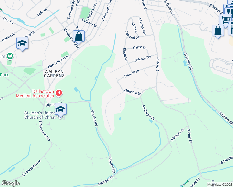 map of restaurants, bars, coffee shops, grocery stores, and more near 732 Ridgelyn Drive in Dallastown