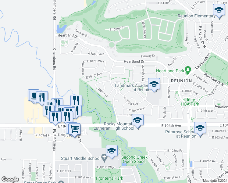 map of restaurants, bars, coffee shops, grocery stores, and more near 15998 East 106th Place in Commerce City