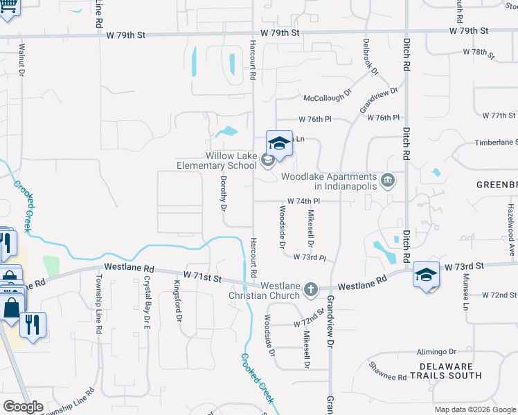 map of restaurants, bars, coffee shops, grocery stores, and more near 1840 West 74th Place in Indianapolis