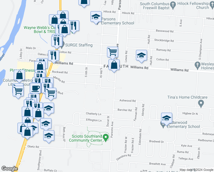 map of restaurants, bars, coffee shops, grocery stores, and more near 332 Crowley Road in Columbus