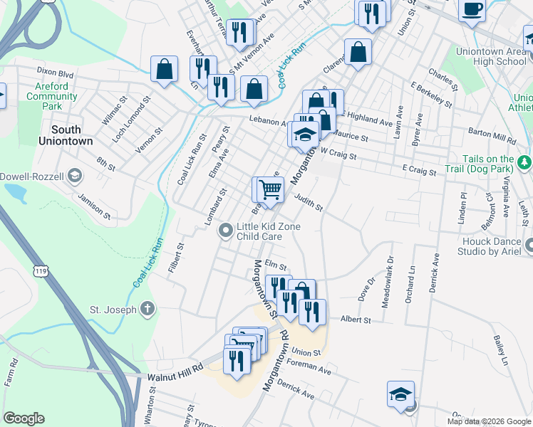 map of restaurants, bars, coffee shops, grocery stores, and more near 452 Braddock Ave in Uniontown