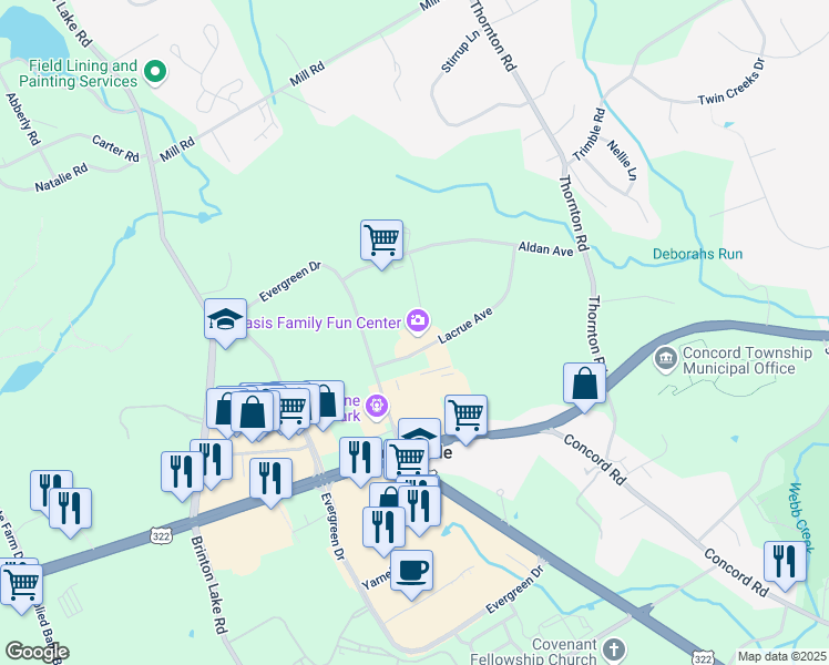 map of restaurants, bars, coffee shops, grocery stores, and more near 35 Lacrue Avenue in Glen Mills