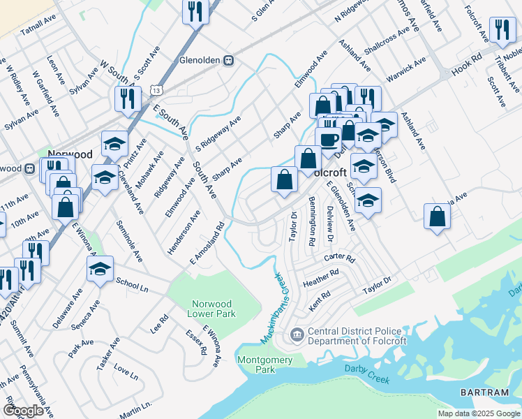map of restaurants, bars, coffee shops, grocery stores, and more near 2129 Ravenwood Drive in Folcroft