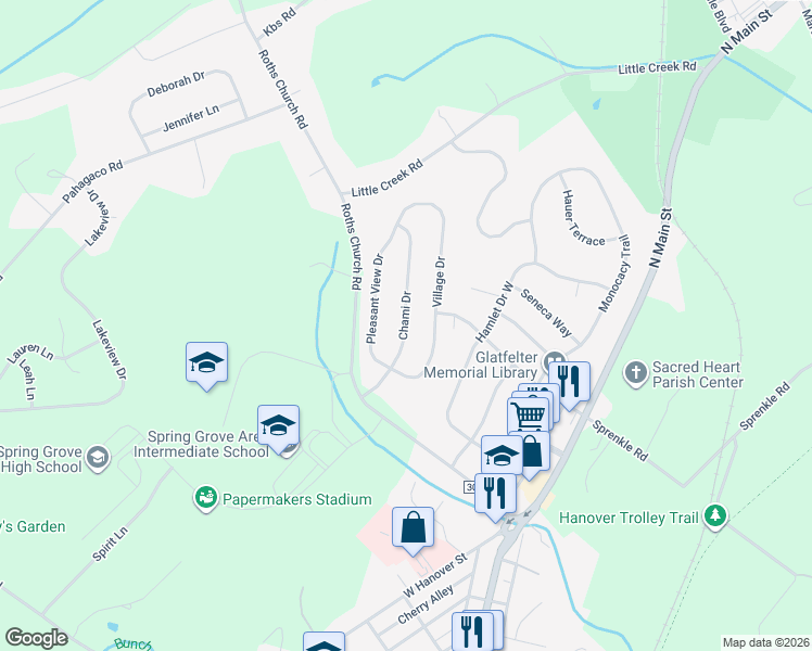 map of restaurants, bars, coffee shops, grocery stores, and more near 1377 Chami Drive in Spring Grove