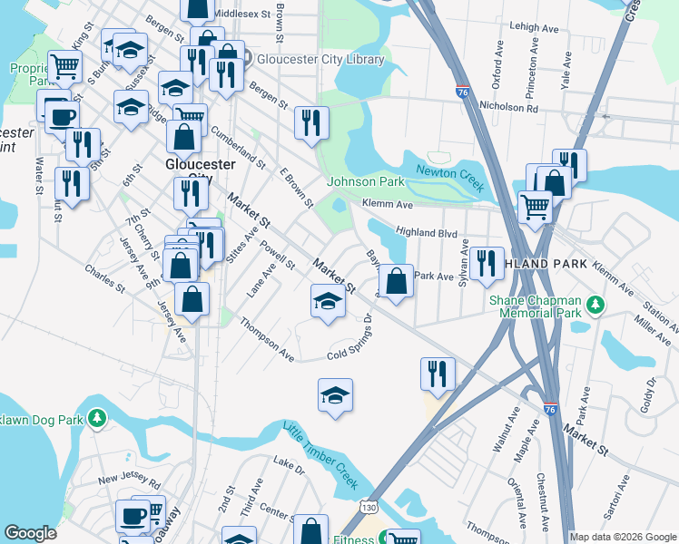 map of restaurants, bars, coffee shops, grocery stores, and more near 138 Barnaby Avenue in Gloucester City