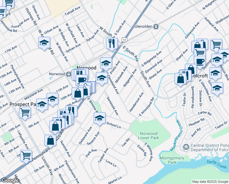 map of restaurants, bars, coffee shops, grocery stores, and more near 116 East Cleveland Avenue in Norwood