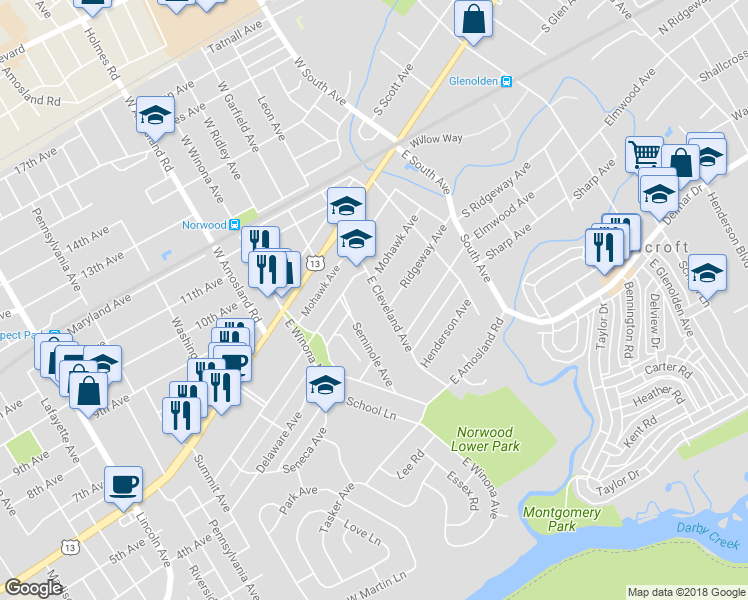 map of restaurants, bars, coffee shops, grocery stores, and more near 116 East Cleveland Avenue in Norwood
