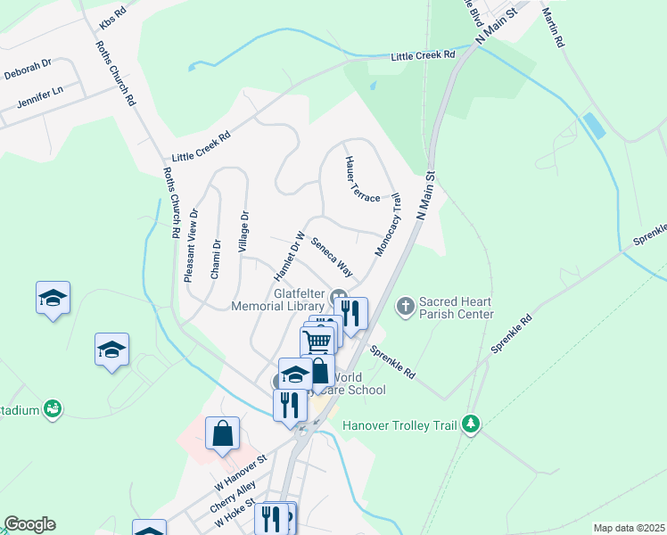 map of restaurants, bars, coffee shops, grocery stores, and more near 208 Seneca Way in Spring Grove