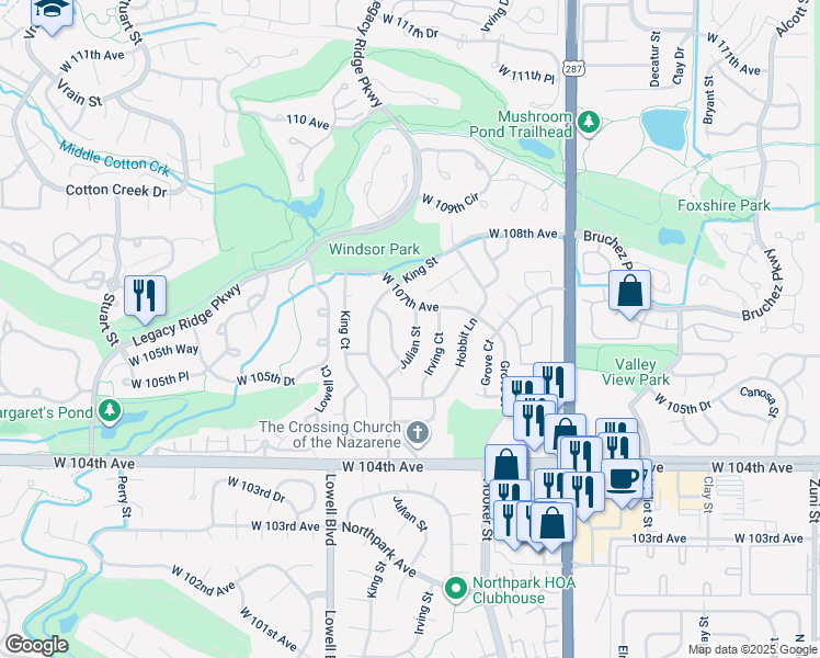 map of restaurants, bars, coffee shops, grocery stores, and more near 10631 Julian Street in Westminster