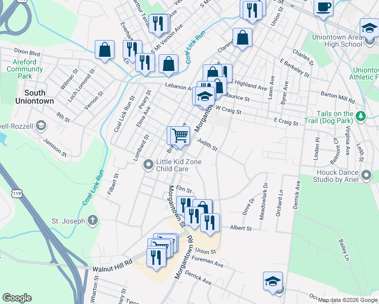 map of restaurants, bars, coffee shops, grocery stores, and more near 425 Morgantown St in Uniontown