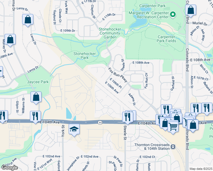 map of restaurants, bars, coffee shops, grocery stores, and more near 3047 East 106th Avenue in Northglenn