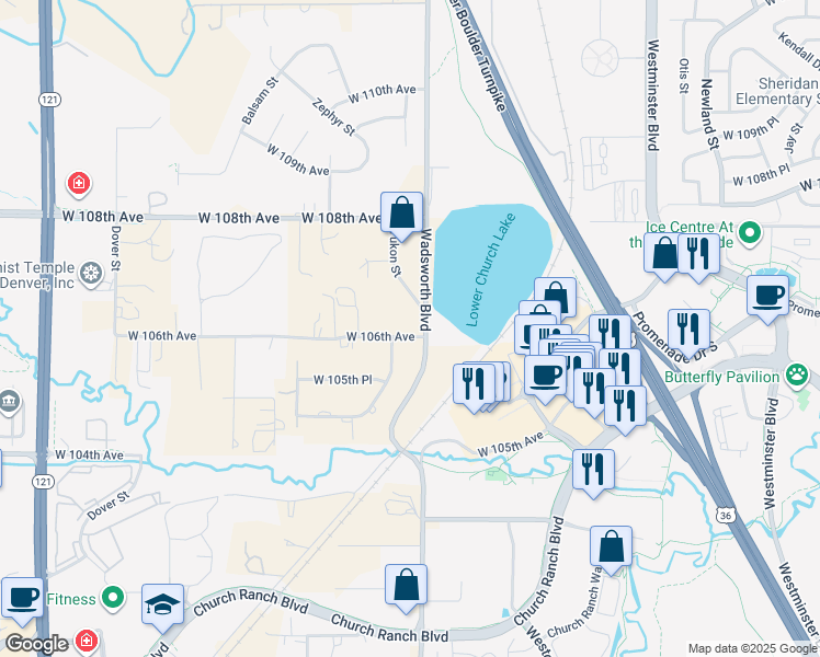 map of restaurants, bars, coffee shops, grocery stores, and more near 7605 West 106th Avenue in Westminster