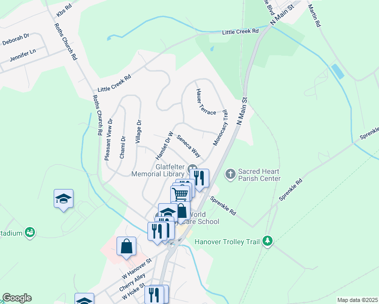 map of restaurants, bars, coffee shops, grocery stores, and more near 208 Seneca Way in Spring Grove