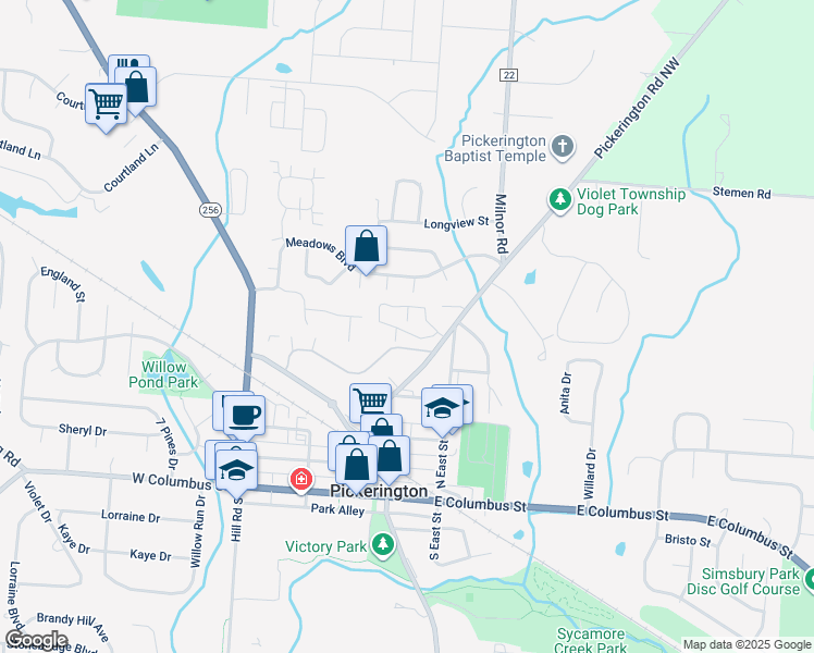 map of restaurants, bars, coffee shops, grocery stores, and more near 321 Columbia Drive in Pickerington