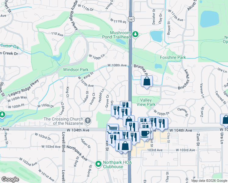 map of restaurants, bars, coffee shops, grocery stores, and more near 3082 West 107th Place in Westminster