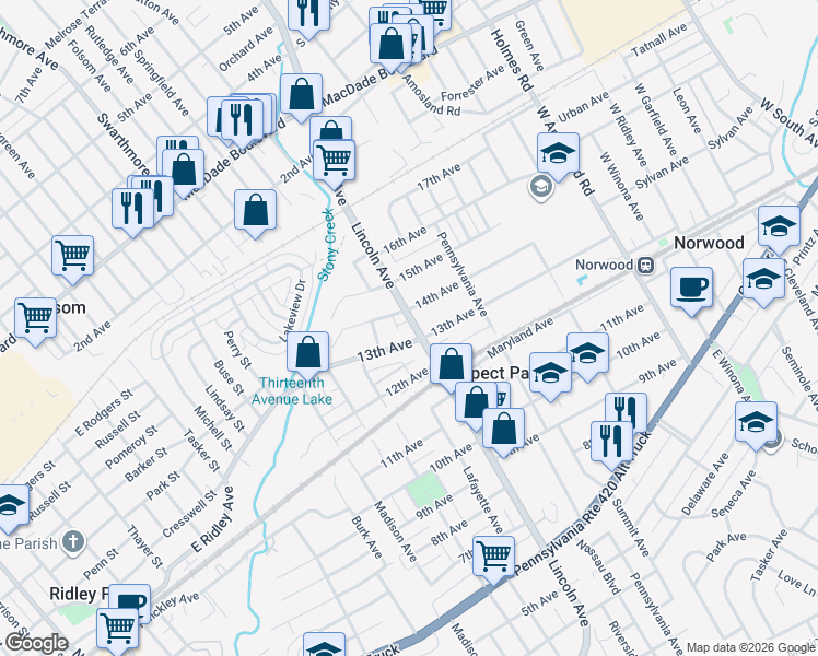 map of restaurants, bars, coffee shops, grocery stores, and more near 1320 Lincoln Avenue in Prospect Park