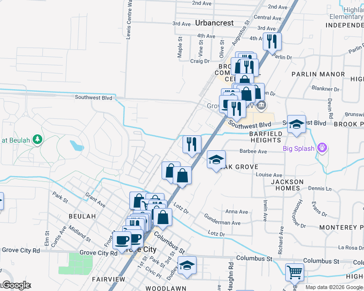 map of restaurants, bars, coffee shops, grocery stores, and more near 3685 Broadway in Grove City