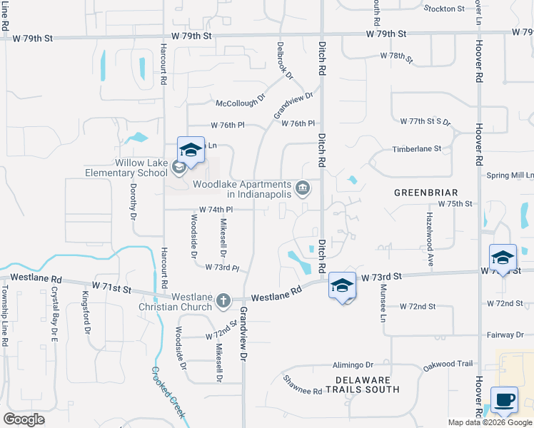 map of restaurants, bars, coffee shops, grocery stores, and more near 7470 Mallard Court in Indianapolis