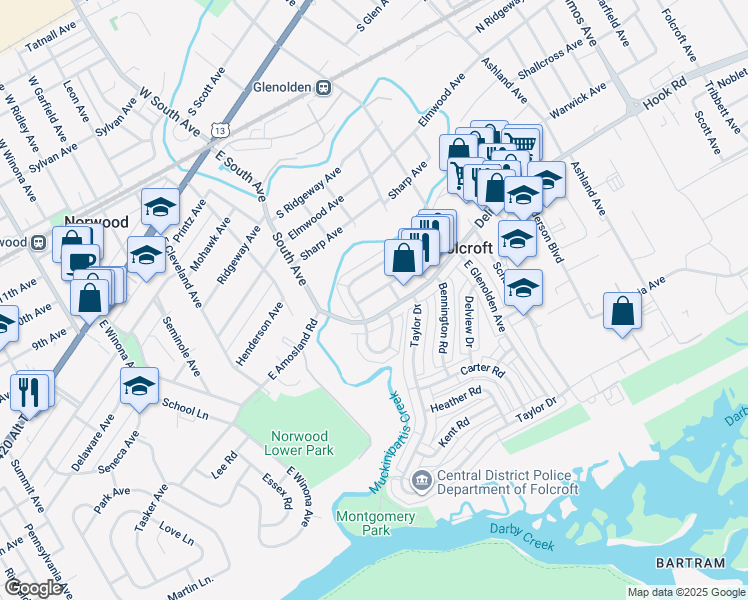 map of restaurants, bars, coffee shops, grocery stores, and more near 2123 Ravenwood Drive in Folcroft