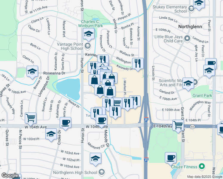 map of restaurants, bars, coffee shops, grocery stores, and more near 10620 Melody Drive in Northglenn