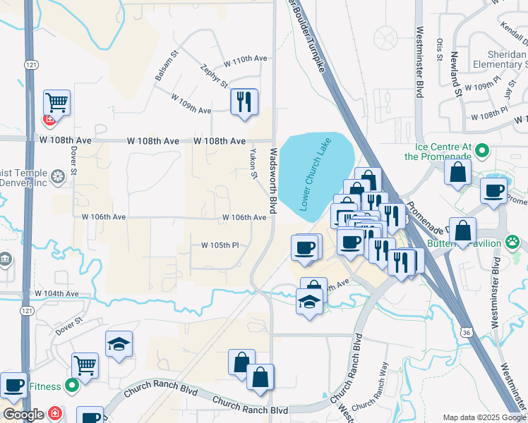 map of restaurants, bars, coffee shops, grocery stores, and more near 7605 West 106th Avenue in Westminster