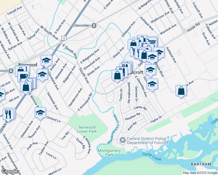 map of restaurants, bars, coffee shops, grocery stores, and more near 2123 Ravenwood Drive in Folcroft