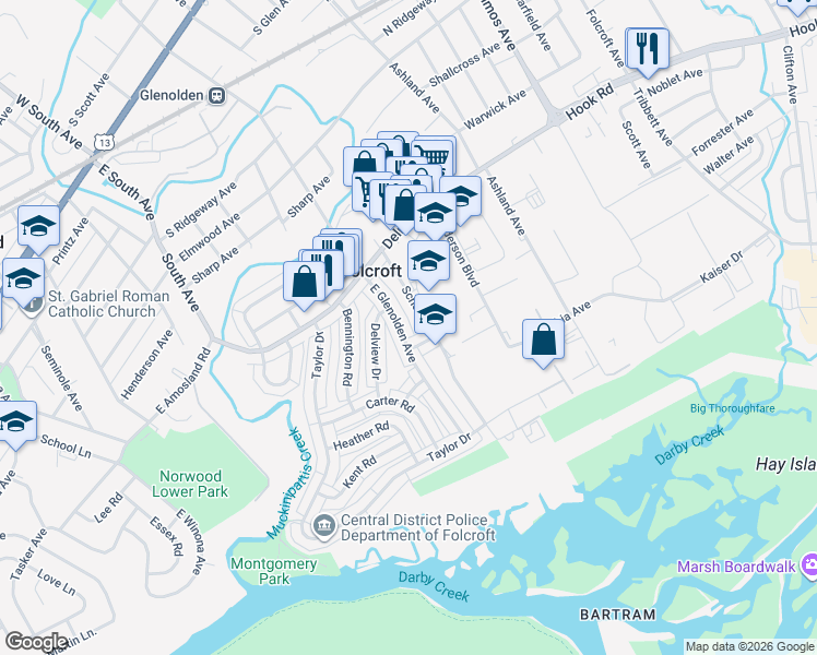 map of restaurants, bars, coffee shops, grocery stores, and more near 758 School Lane in Folcroft