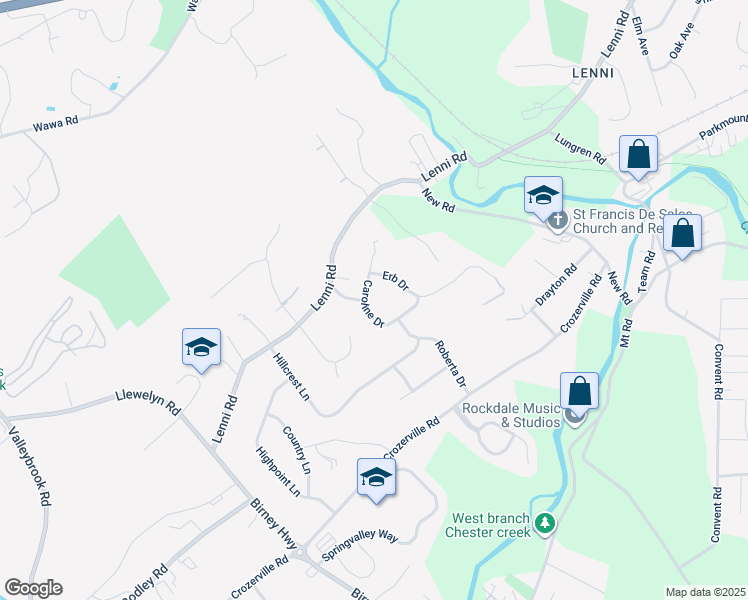 map of restaurants, bars, coffee shops, grocery stores, and more near 1551 Caroline Drive in Aston
