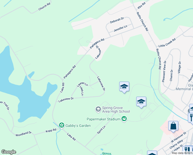 map of restaurants, bars, coffee shops, grocery stores, and more near 270 Lakeview Drive in Spring Grove