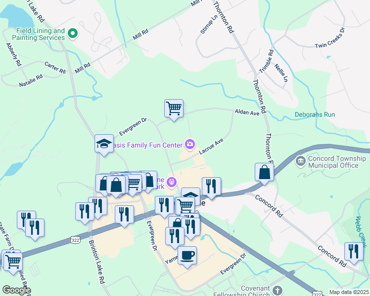 map of restaurants, bars, coffee shops, grocery stores, and more near 35 Lacrue Avenue in Glen Mills