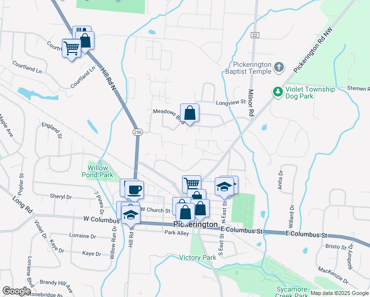 map of restaurants, bars, coffee shops, grocery stores, and more near 70 Mockingbird Court in Pickerington