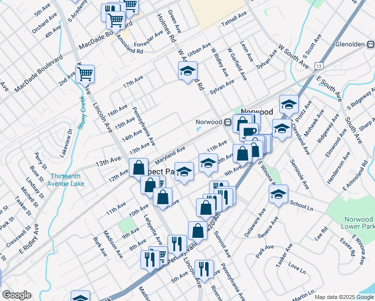 map of restaurants, bars, coffee shops, grocery stores, and more near 614 Maryland Avenue in Prospect Park