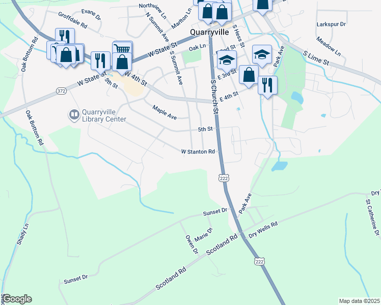 map of restaurants, bars, coffee shops, grocery stores, and more near 205 West Stanton Road in Quarryville