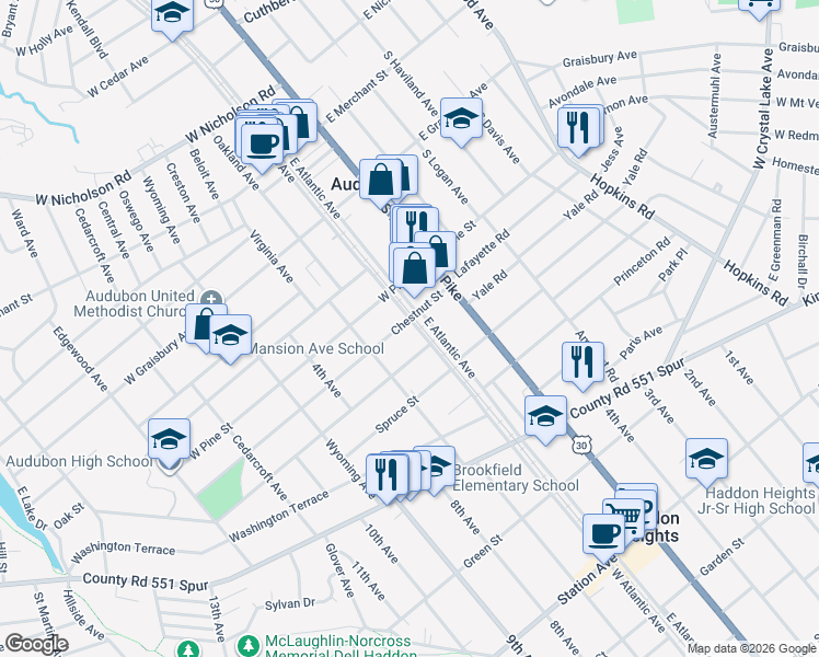 map of restaurants, bars, coffee shops, grocery stores, and more near 100 Chestnut Street in Audubon
