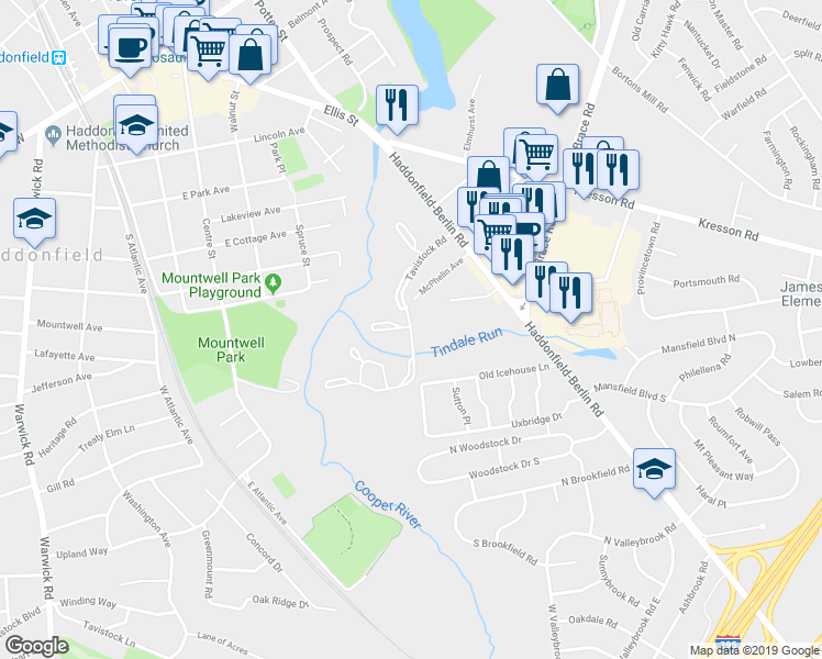map of restaurants, bars, coffee shops, grocery stores, and more near 179 Tavistock Road in Cherry Hill
