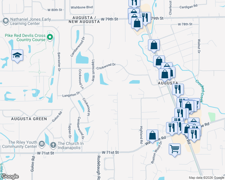 map of restaurants, bars, coffee shops, grocery stores, and more near 7445 Hollingsworth Drive in Indianapolis