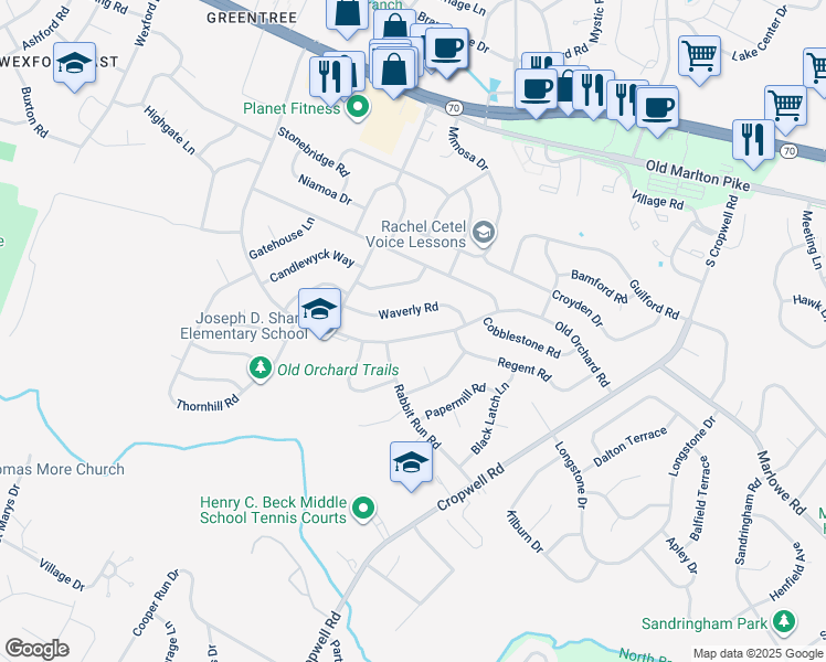map of restaurants, bars, coffee shops, grocery stores, and more near 419 Old Orchard Road in Cherry Hill Township